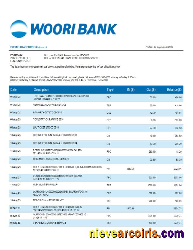 Woori Bank business statement